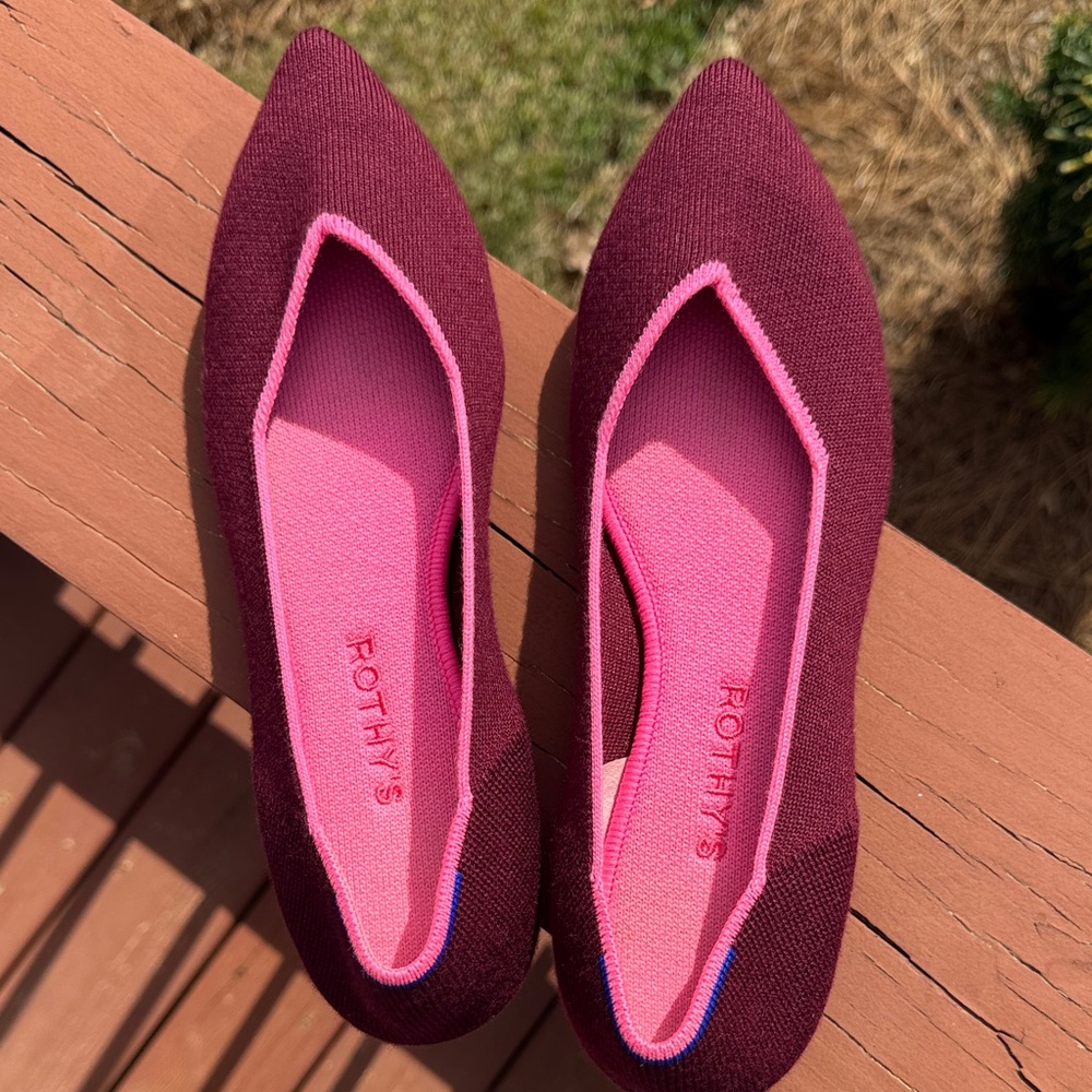 Rothy's Women's Pointed Knit Flats in Wine with Pink Trim